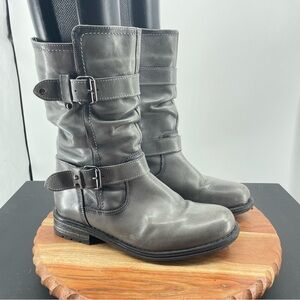Gray Leather Buckle Boots